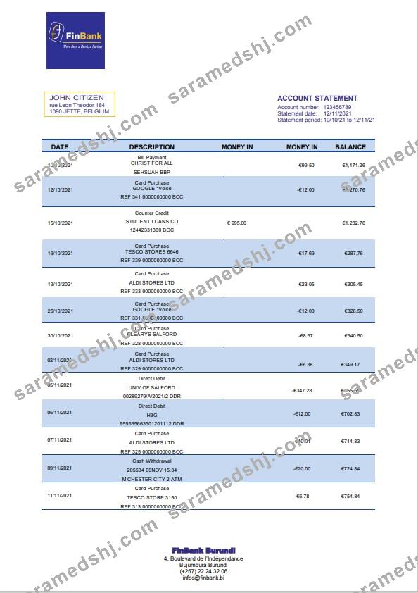 Burundi Finbank statement template, Word and PDF format